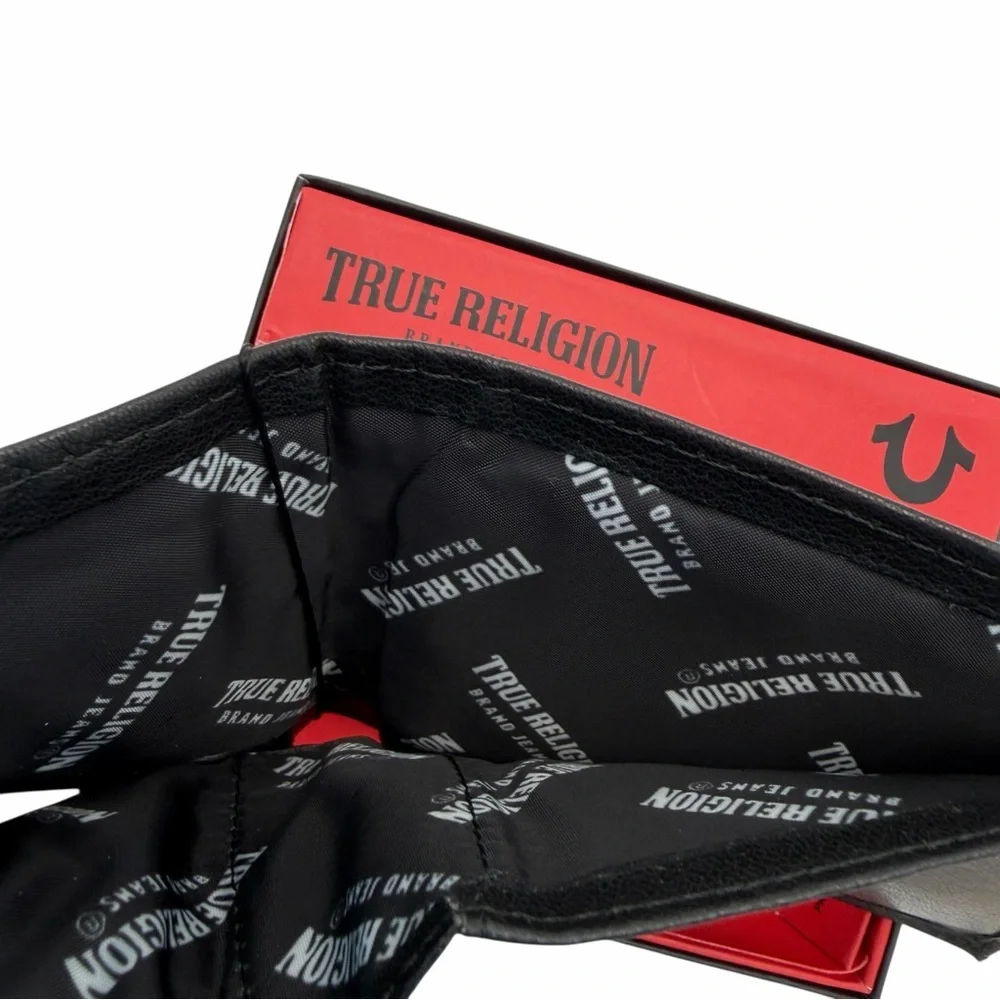 True Religion Black Leather Bifold Wallet Flip Slot New RFID
